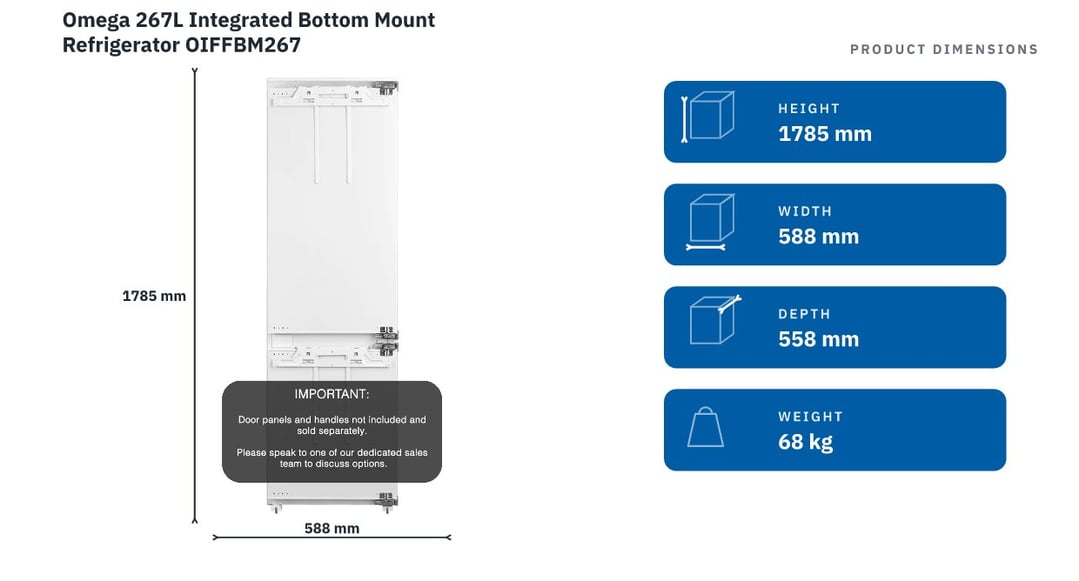 Omega 267L Integrated Bottom Mount Refrigerator OIFFBM267 — product dimensions