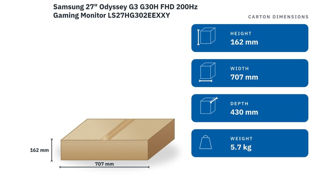 Samsung 27" Odyssey G3 G30H FHD 200Hz Gaming Monitor LS27HG302EEXXY — packaged dimensions