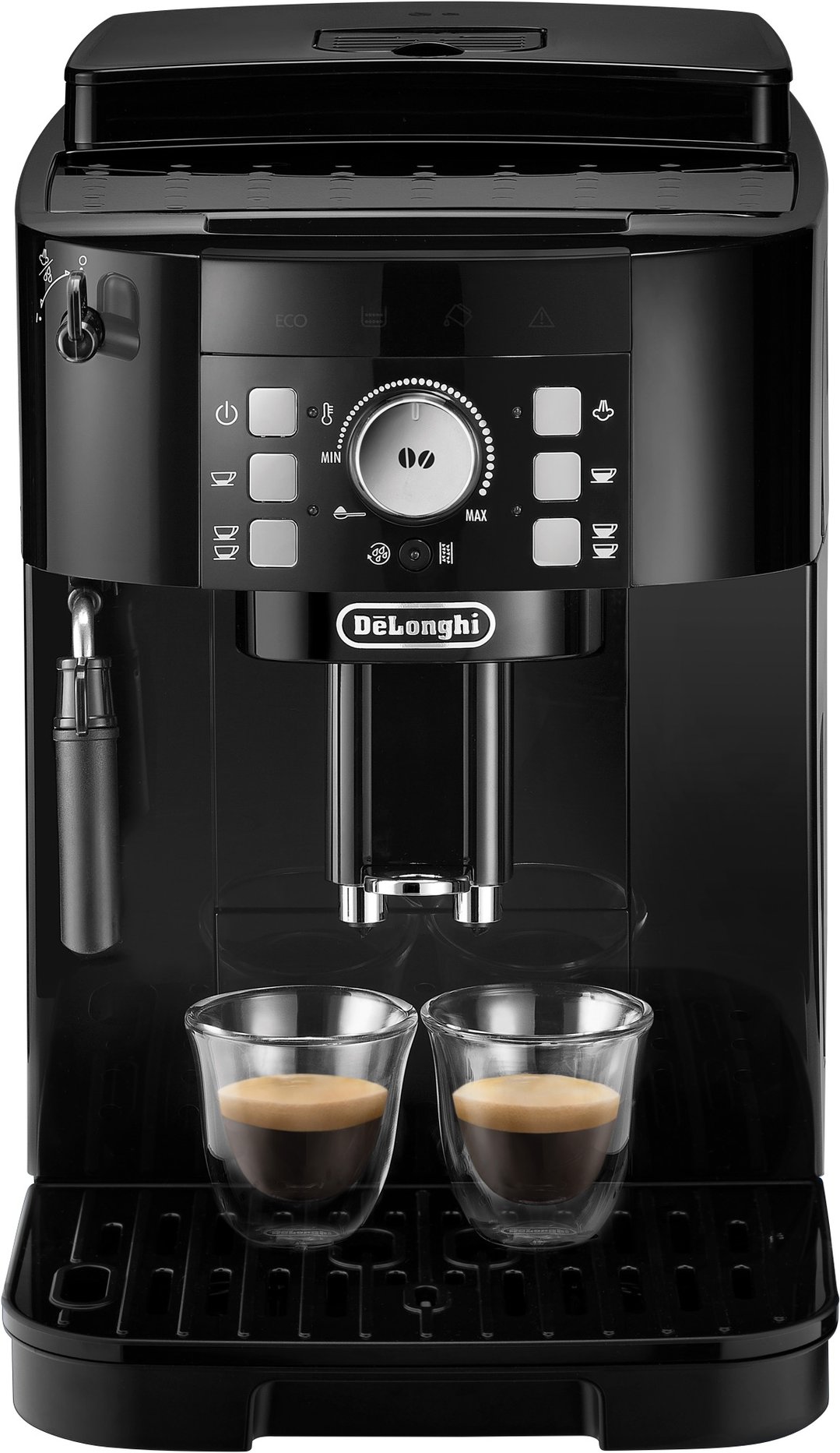Black automatic coffee machine with two espresso cups on the drip tray