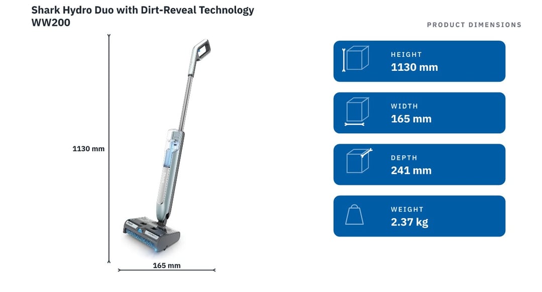 Shark Hydro Duo with Dirt-Reveal Technology WW200 — product dimensions