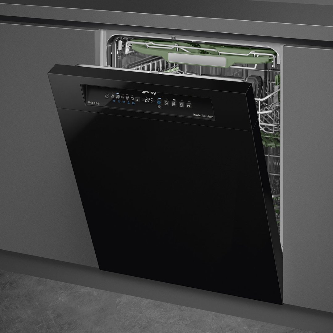 Black dishwasher with door ajar, revealing green interior racks in a kitchen