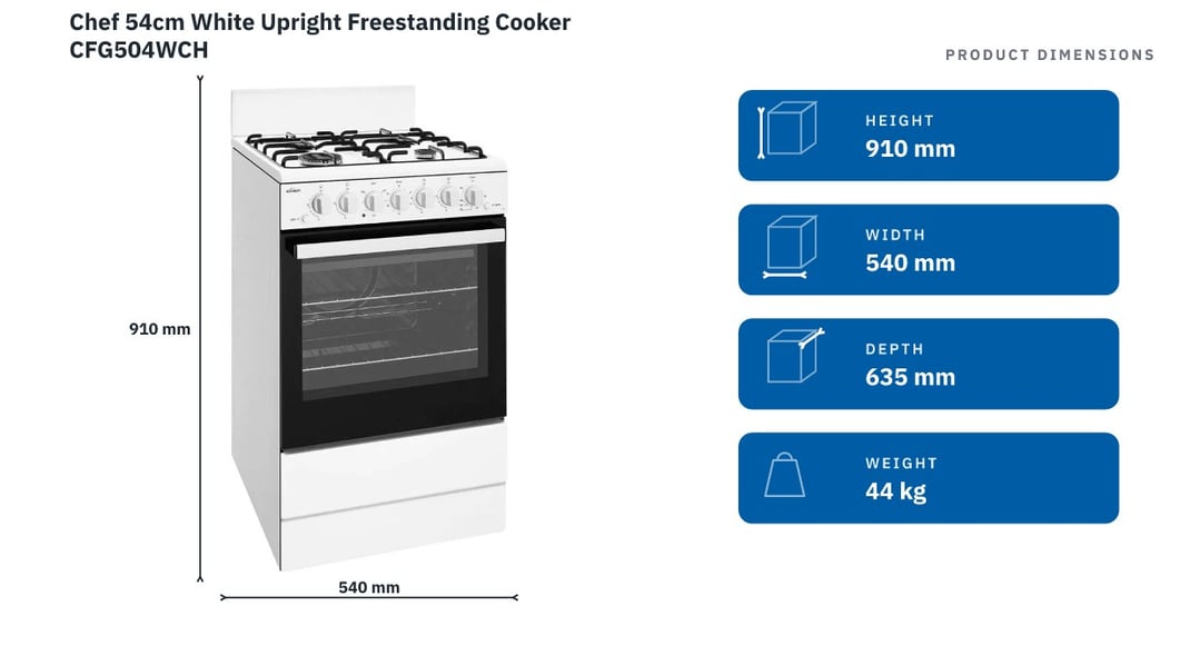 Chef 54cm White Upright Freestanding Cooker CFG504WCH — product dimensions