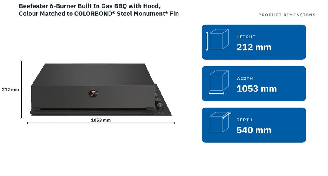 Beefeater 6-Burner Built In Gas BBQ with Hood, Colour Matched to COLORBOND® Steel Monument® Finish - ProLine Series BSH158DB — product dimensions