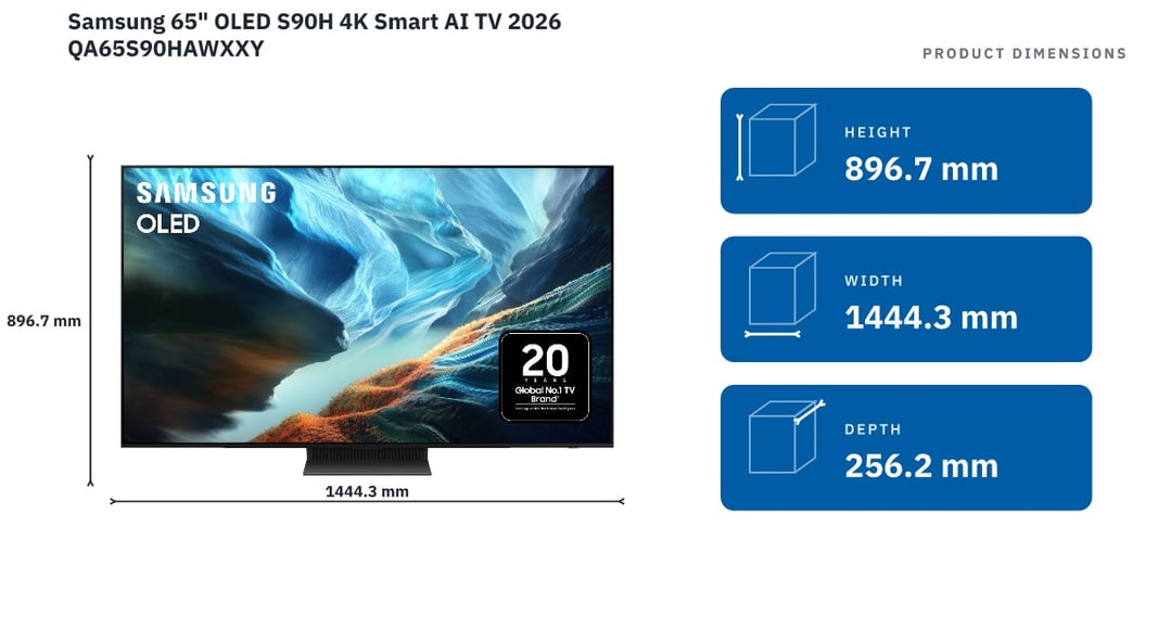Samsung 65" OLED S90H 4K Smart AI TV 2026 QA65S90HAWXXY — product dimensions