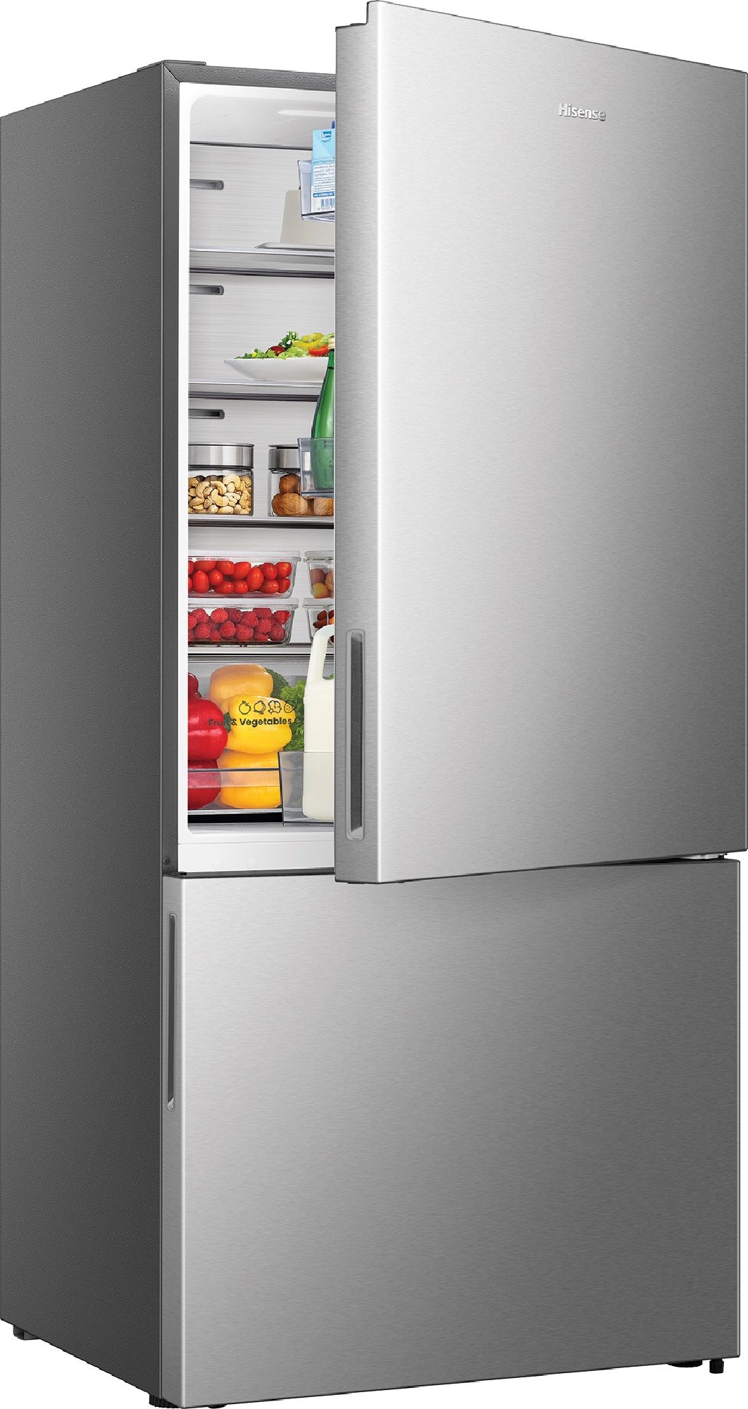 Stainless steel bottom mount fridge with the top door open, revealing food inside