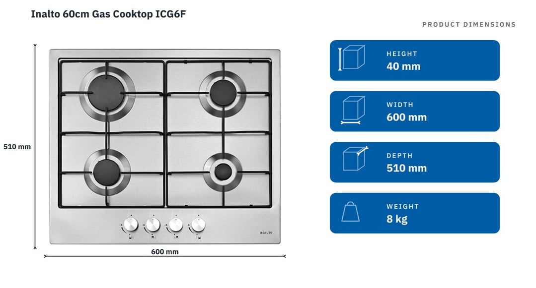 Inalto 60cm Gas Cooktop ICG6F — product dimensions