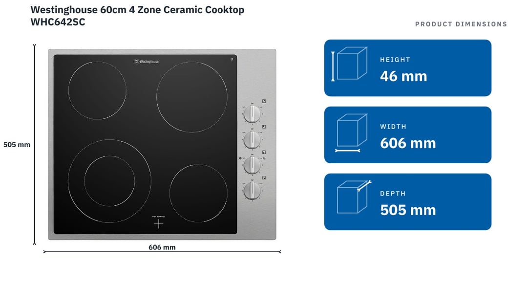 Westinghouse 60cm 4 Zone Ceramic Cooktop WHC642SC — product dimensions