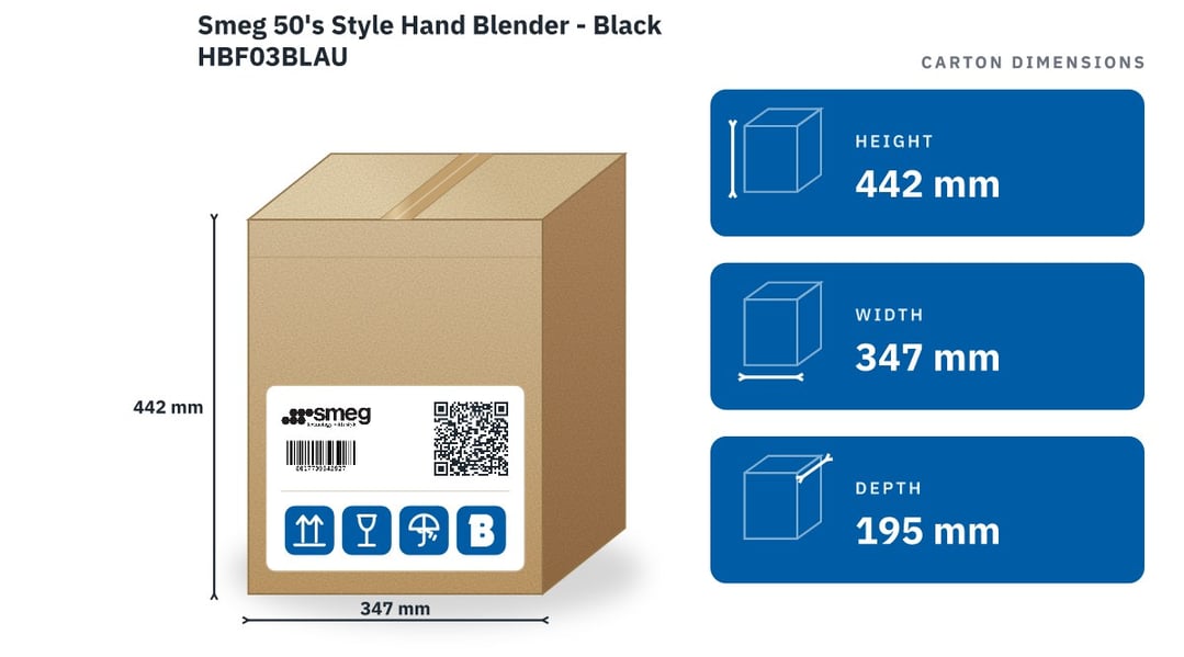 Smeg 50's Style Hand Blender - Black HBF03BLAU — packaged dimensions