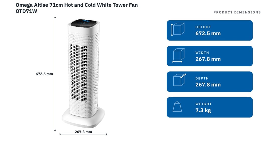 Omega Altise 71cm Hot and Cold White Tower Fan OTD71W — product dimensions