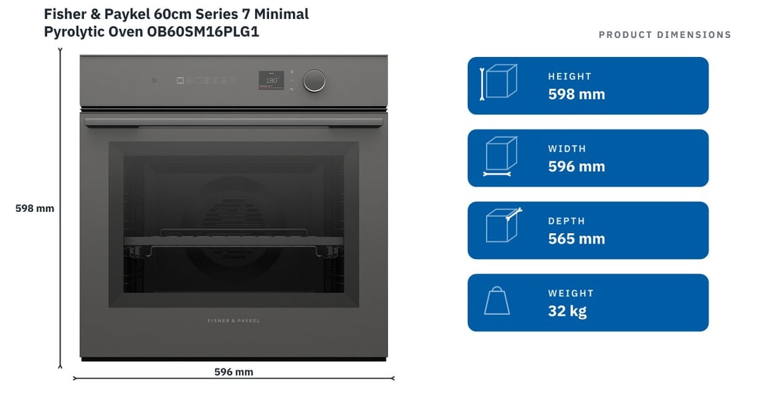 Fisher & Paykel 60cm Series 7 Minimal Pyrolytic Oven OB60SM16PLG1 — product dimensions