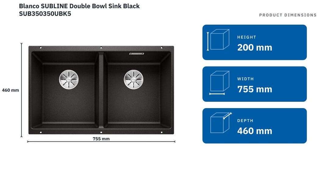 Blanco SUBLINE Double Bowl Sink Black SUB350350UBK5 — product dimensions