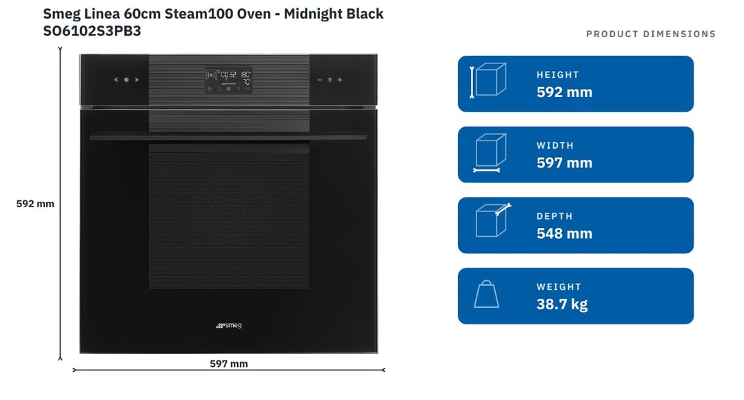 Smeg Linea 60cm Steam100 Oven - Midnight Black SO6102S3PB3 — product dimensions