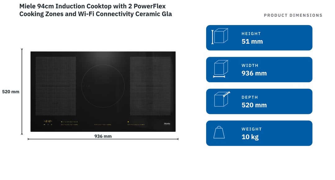 Miele 94cm Induction Cooktop with 2 PowerFlex Cooking Zones and Wi-Fi Connectivity Ceramic Glass KM7594-2FL — product dimensions