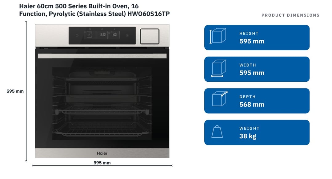 Haier 60cm 500 Series Built-in Oven, 16 Function, Pyrolytic (Stainless Steel) HWO60S16TPX5 — product dimensions