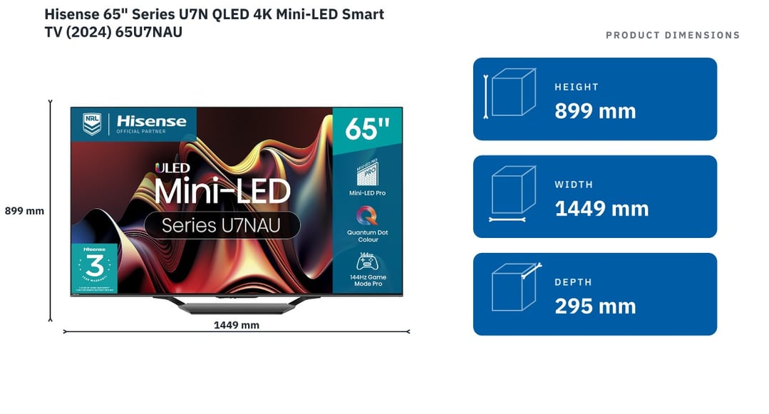 Hisense 65" Series U7N QLED 4K Mini-LED Smart TV (2024) 65U7NAU — product dimensions