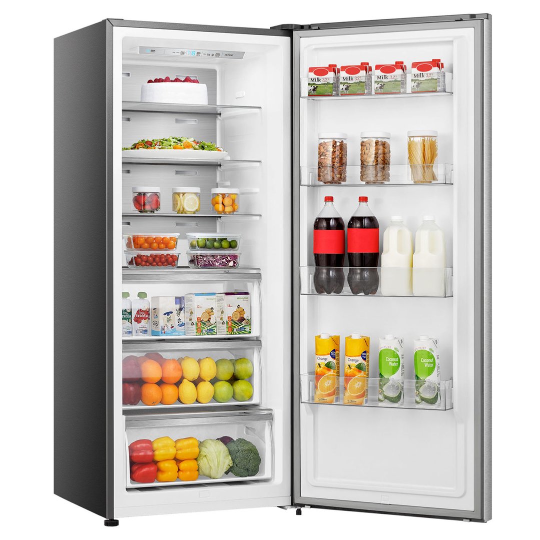 Open Hisense refrigerator filled with food and drinks