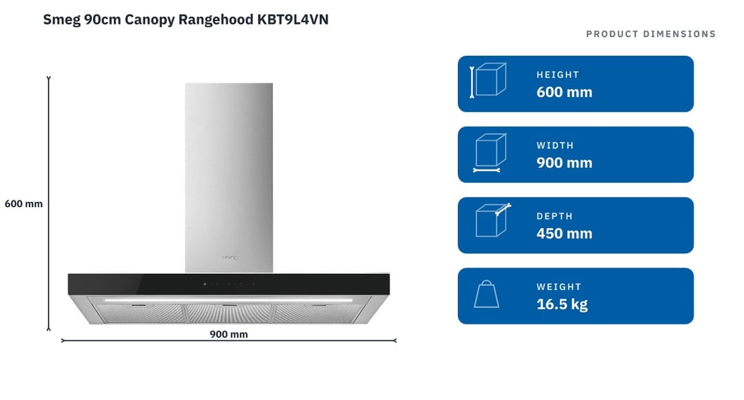 Smeg 90cm Canopy Rangehood KBT9L4VN — product dimensions