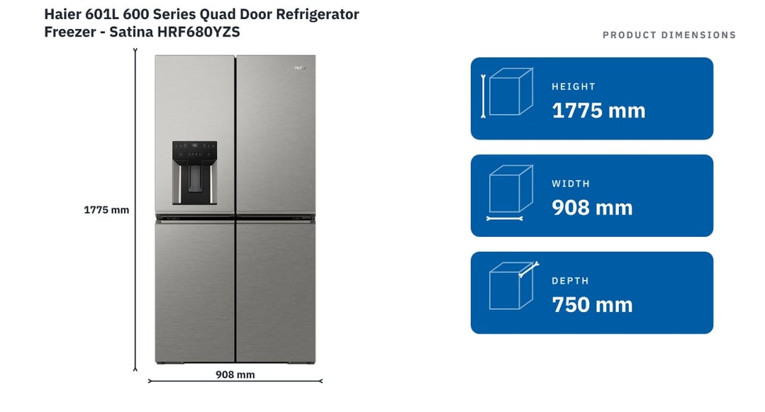 Haier 601L 600 Series Quad Door Refrigerator Freezer - Satina HRF680YZS