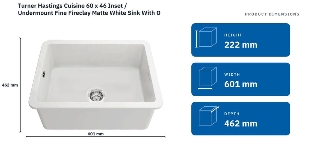 Turner Hastings Cuisine 60 x 46 Inset / Undermount Fine Fireclay Matte White Sink With Overflow CU603FS-MW-OF — product dimensions