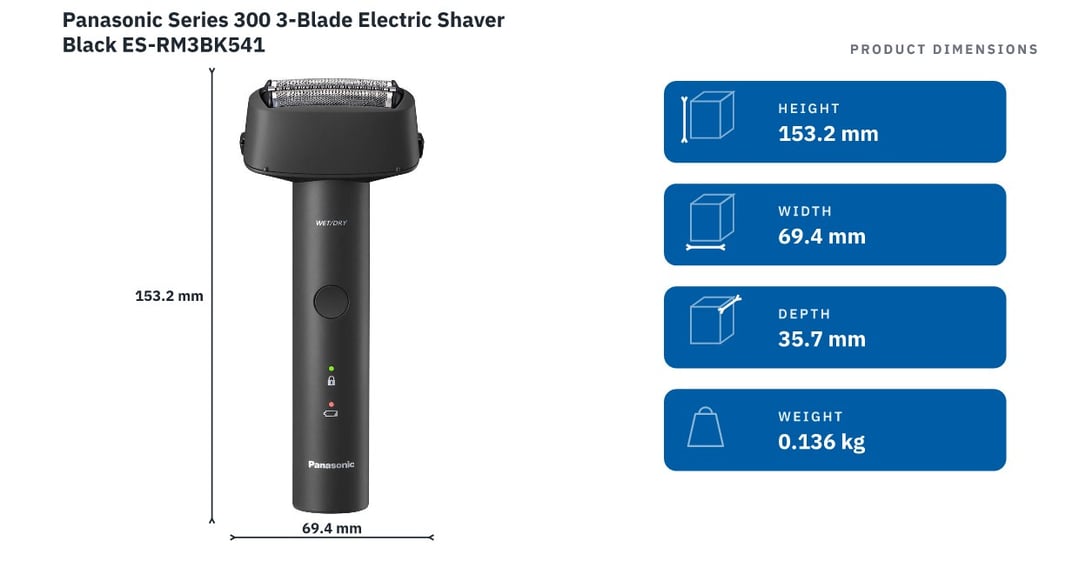 Panasonic Series 300 3-Blade Electric Shaver Black ES-RM3BK541 — product dimensions