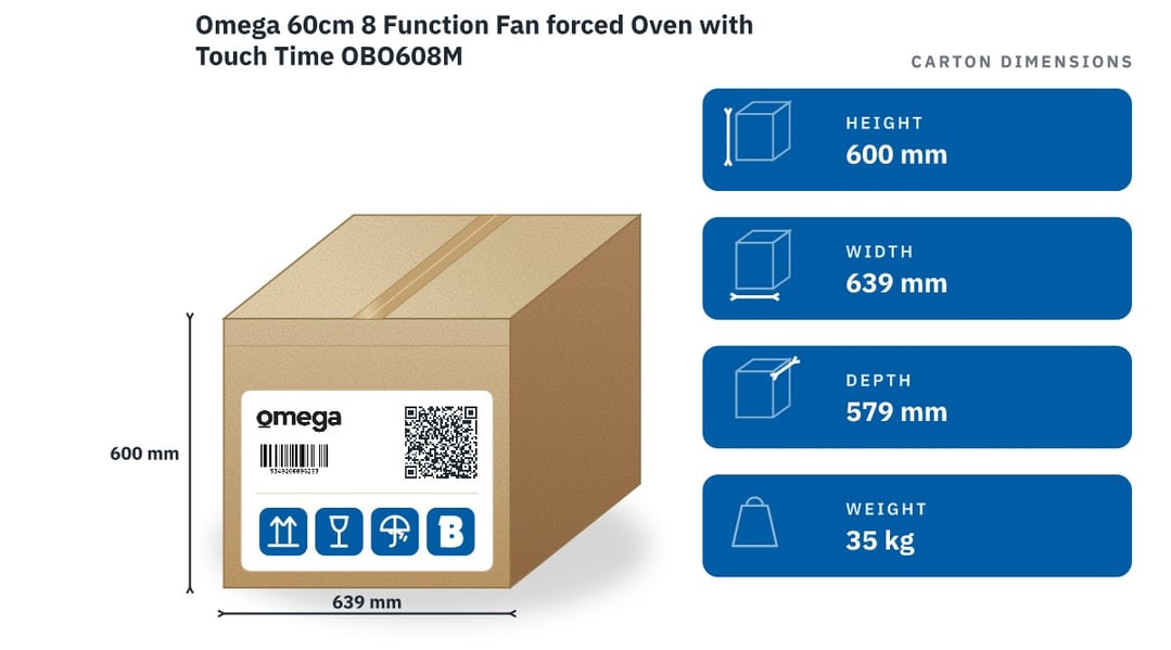 Omega 60cm 8 Function Fan forced Oven with Touch Time OBO608M