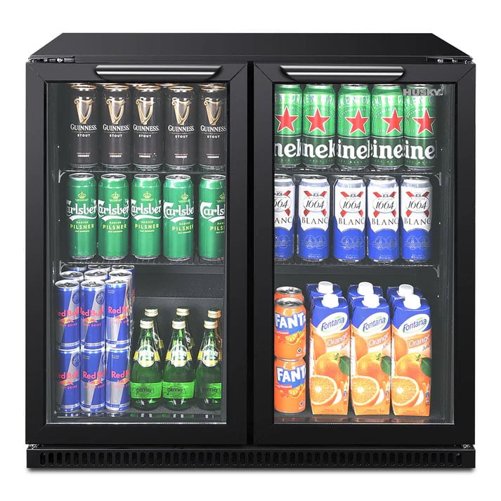 Double door home bar drinks chiller filled with various beverages