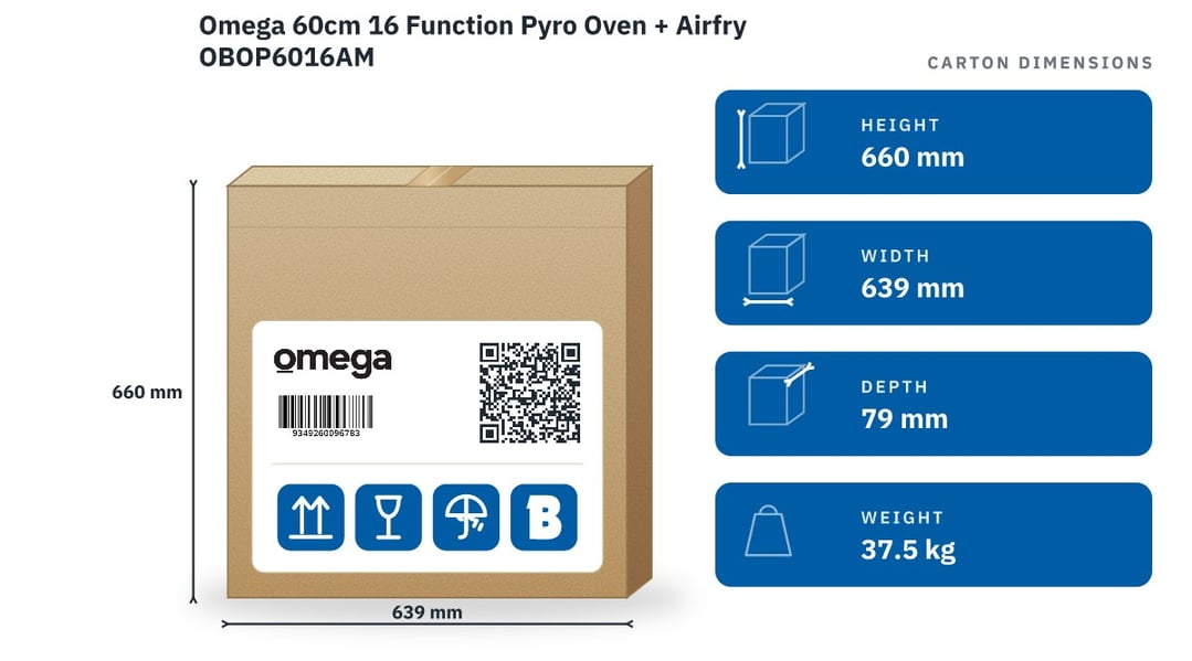 Omega 60cm 16 Function Pyro Oven + Airfry OBOP6016AM — packaged dimensions