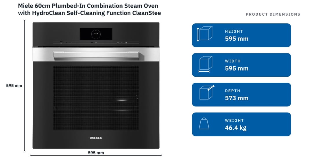 Miele 60cm Plumbed-In Combination Steam Oven with HydroClean Self-Cleaning Function CleanSteel DGC7865HCPROCLST — product dimensions