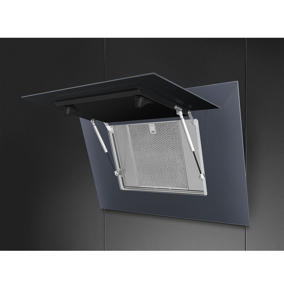 Linea 90cm Vertical Rangehood in Neptune Grey with open glass panel