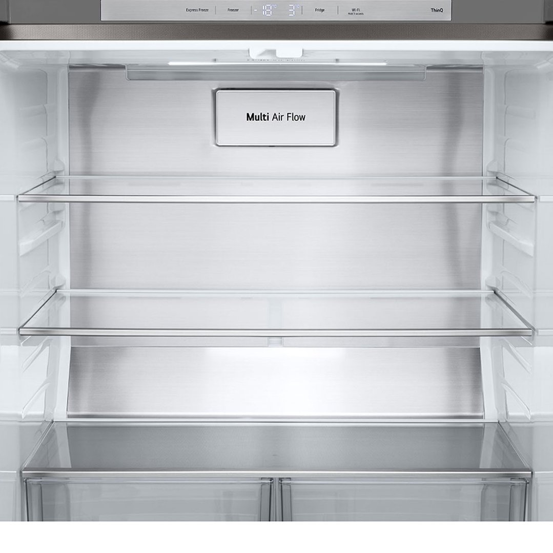 Interior view of a fridge with glass shelves and Multi Air Flow panel