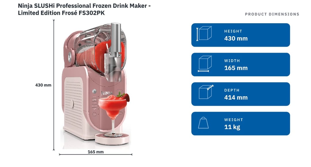 Ninja SLUSHi Professional Frozen Drink Maker - Limited Edition Frosé FS302PK — product dimensions
