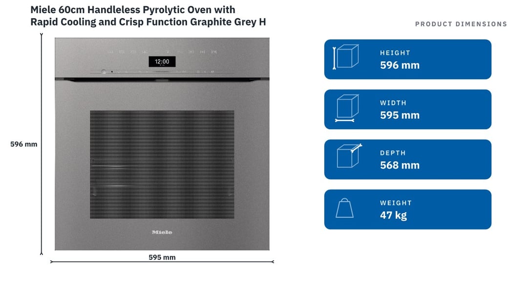 Miele 60cm Handleless Pyrolytic Oven with Rapid Cooling and Crisp Function Graphite Grey H7464BPXGRGR — product dimensions
