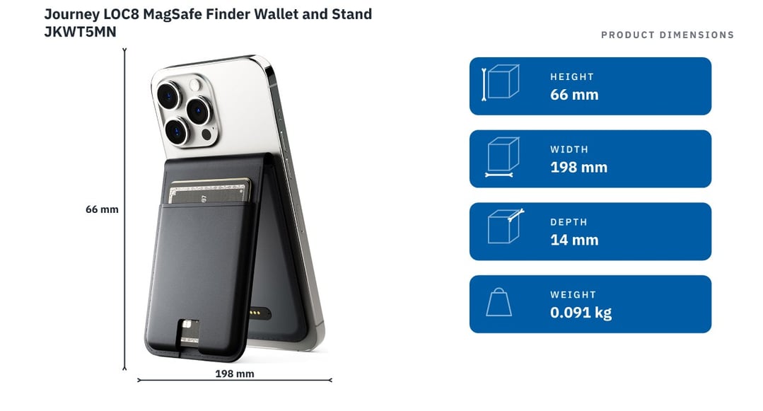 Journey LOC8 MagSafe Finder Wallet and Stand JKWT5MN — product dimensions