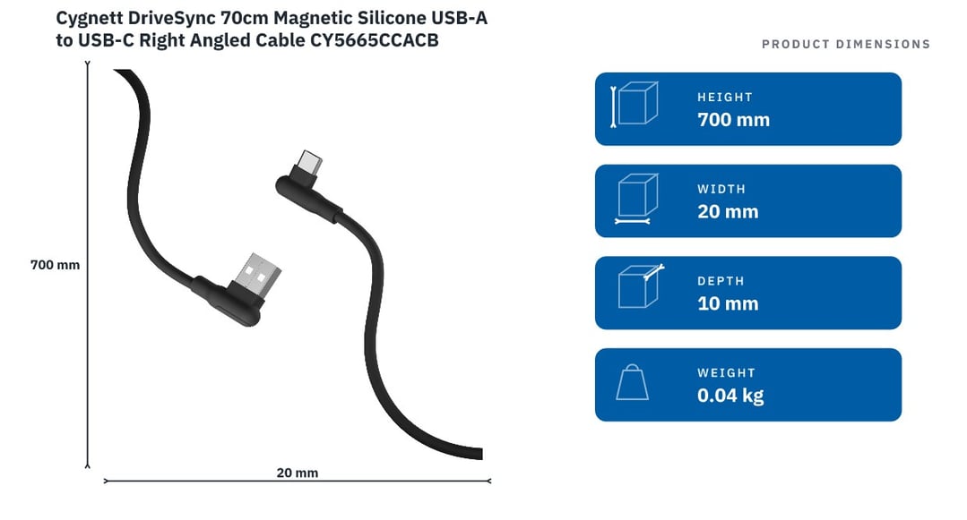 Cygnett DriveSync 70cm Magnetic Silicone USB-A to USB-C Right Angled Cable CY5665CCACB — product dimensions