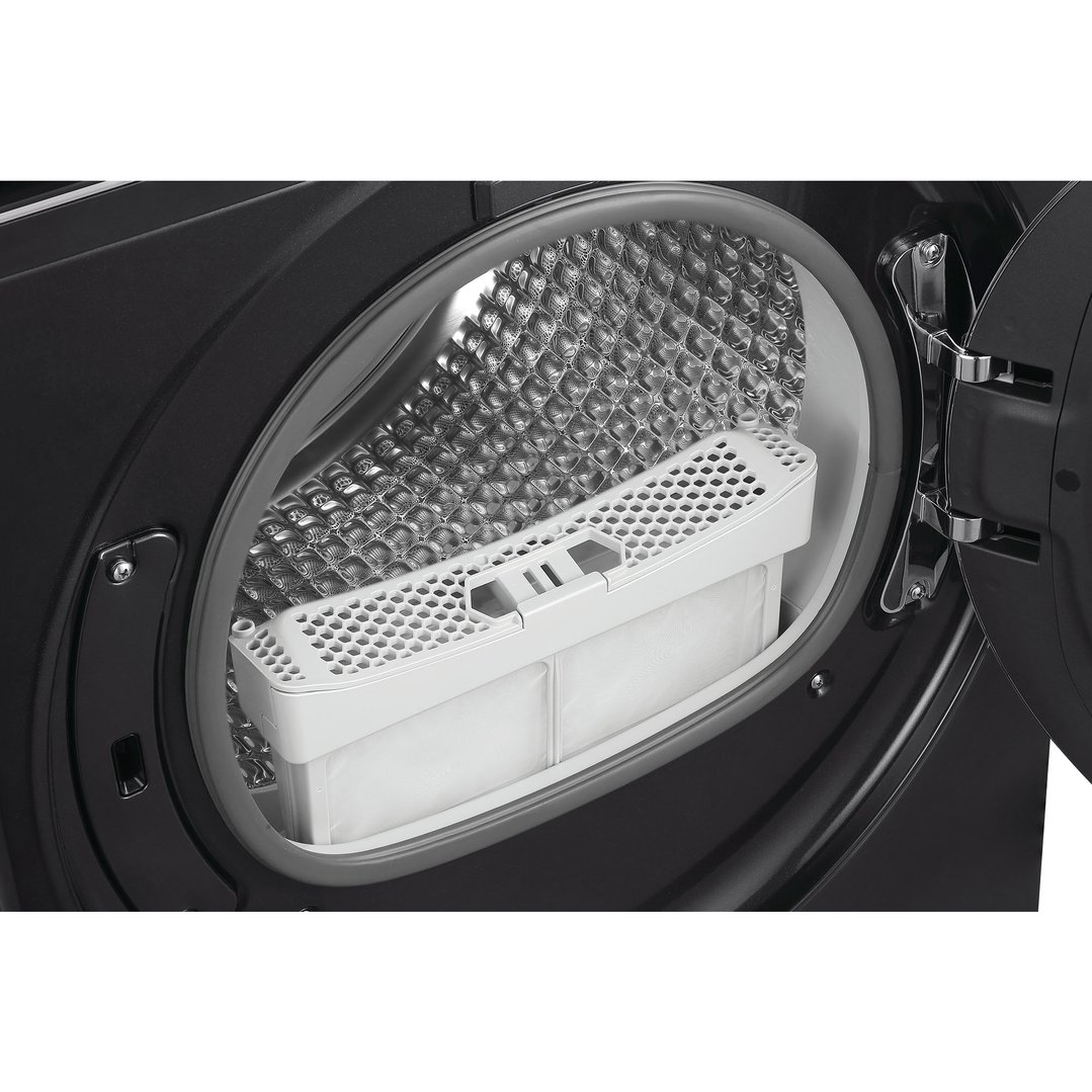 Close up of the open door and drum of a black Haier heat pump dryer