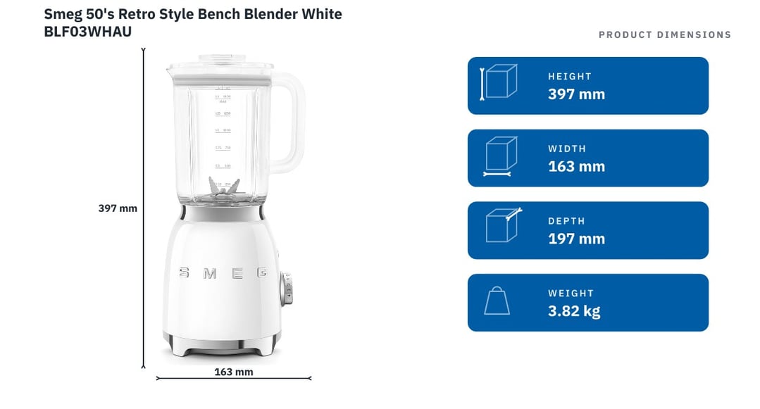 Smeg 50's Retro Style Bench Blender White BLF03WHAU — product dimensions