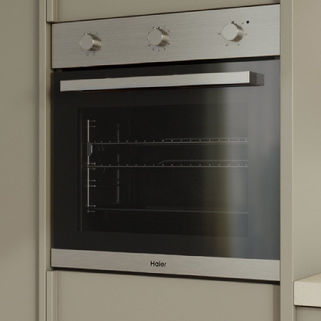 Haier built-in oven with a stainless steel control panel and black glass door