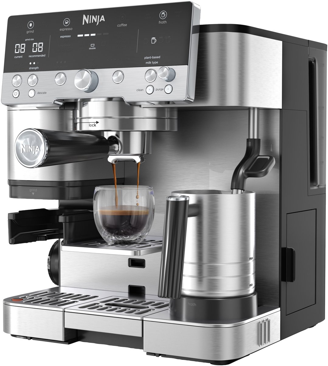 Ninja Luxe Café Premier espresso machine brewing coffee into a glass cup
