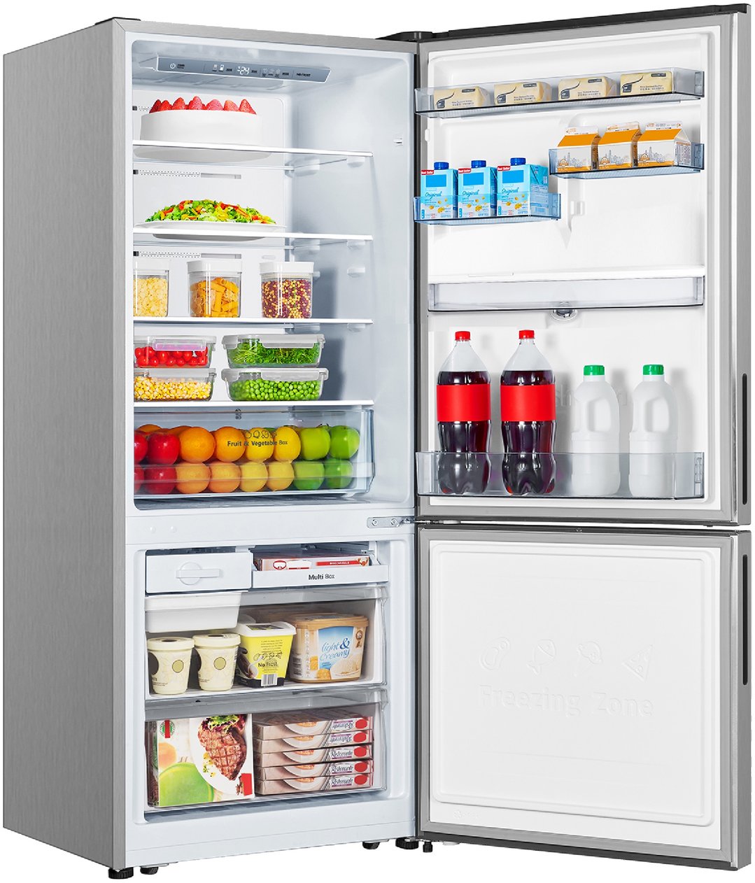 Open Hisense bottom mount fridge with food and drinks inside, in a kitchen setting