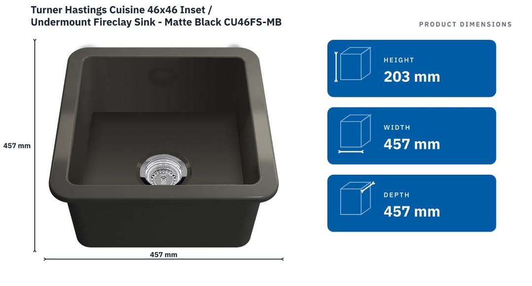 Turner Hastings Cuisine 46x46 Inset / Undermount Fireclay Sink - Matte Black CU46FS-MB — product dimensions