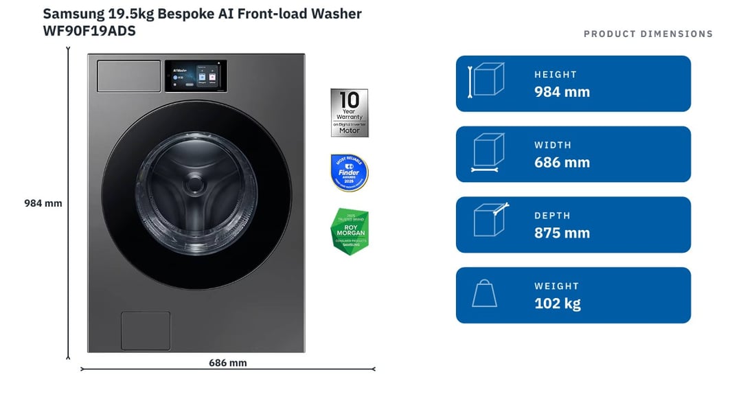 Samsung 19.5kg Bespoke AI Front-load Washer WF90F19ADS — product dimensions