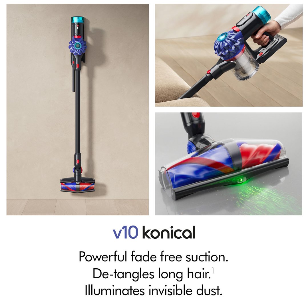 Dyson V10 Konical cordless vacuum in use, showing its features