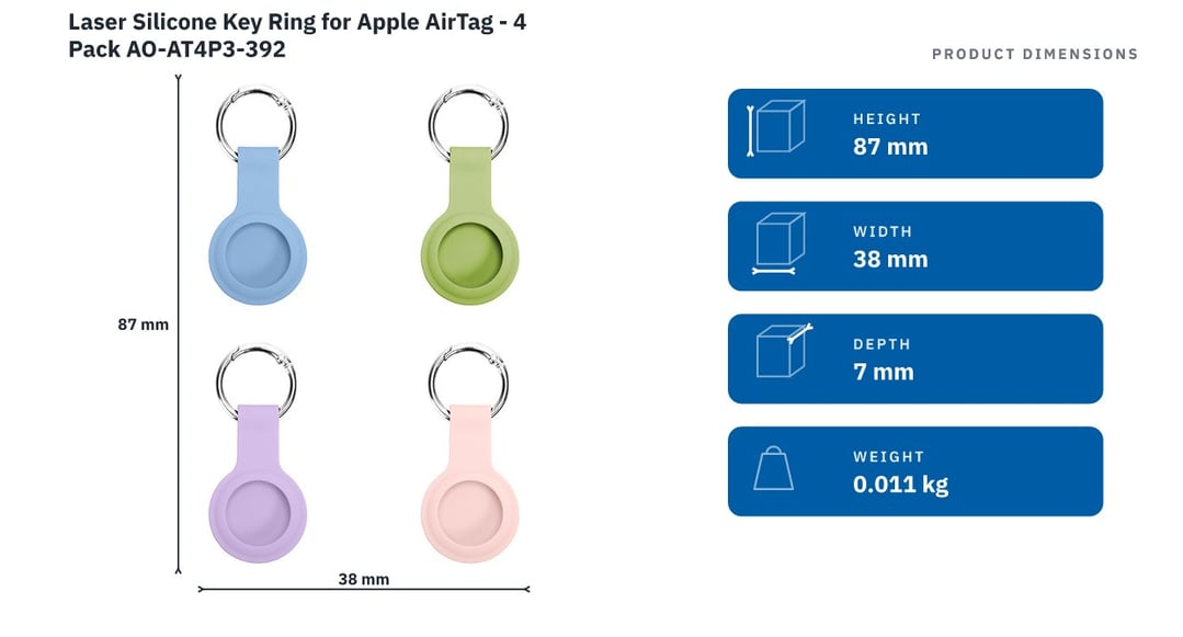 Laser Silicone Key Ring for Apple AirTag - 4 Pack AO-AT4P3-392 — product dimensions