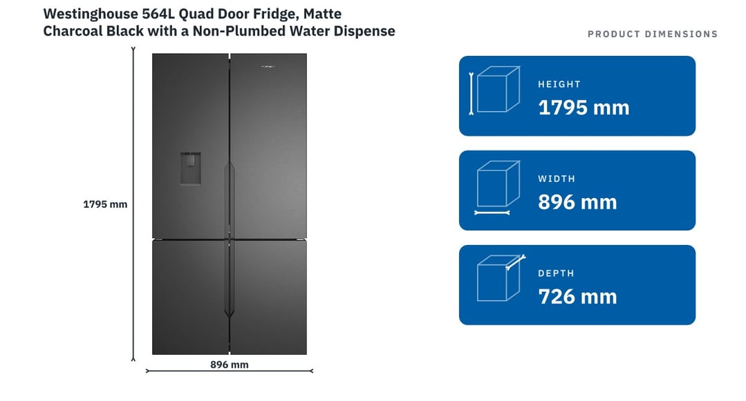 Westinghouse 564L Quad Door Fridge, Matte Charcoal Black with a Non-Plumbed Water Dispenser WQE5760BB