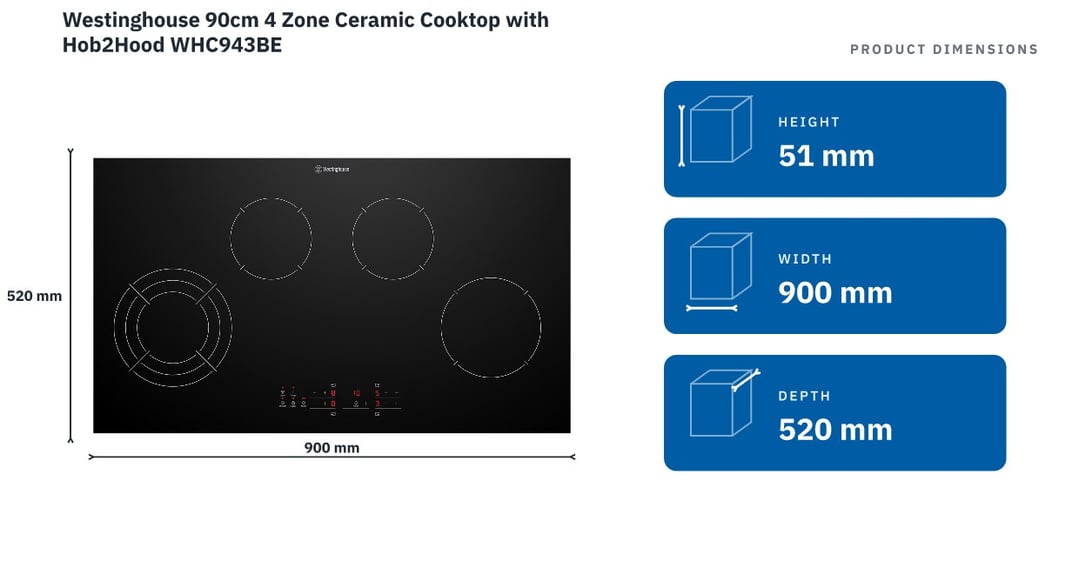 Westinghouse 90cm 4 Zone Ceramic Cooktop with Hob2Hood WHC943BE — product dimensions