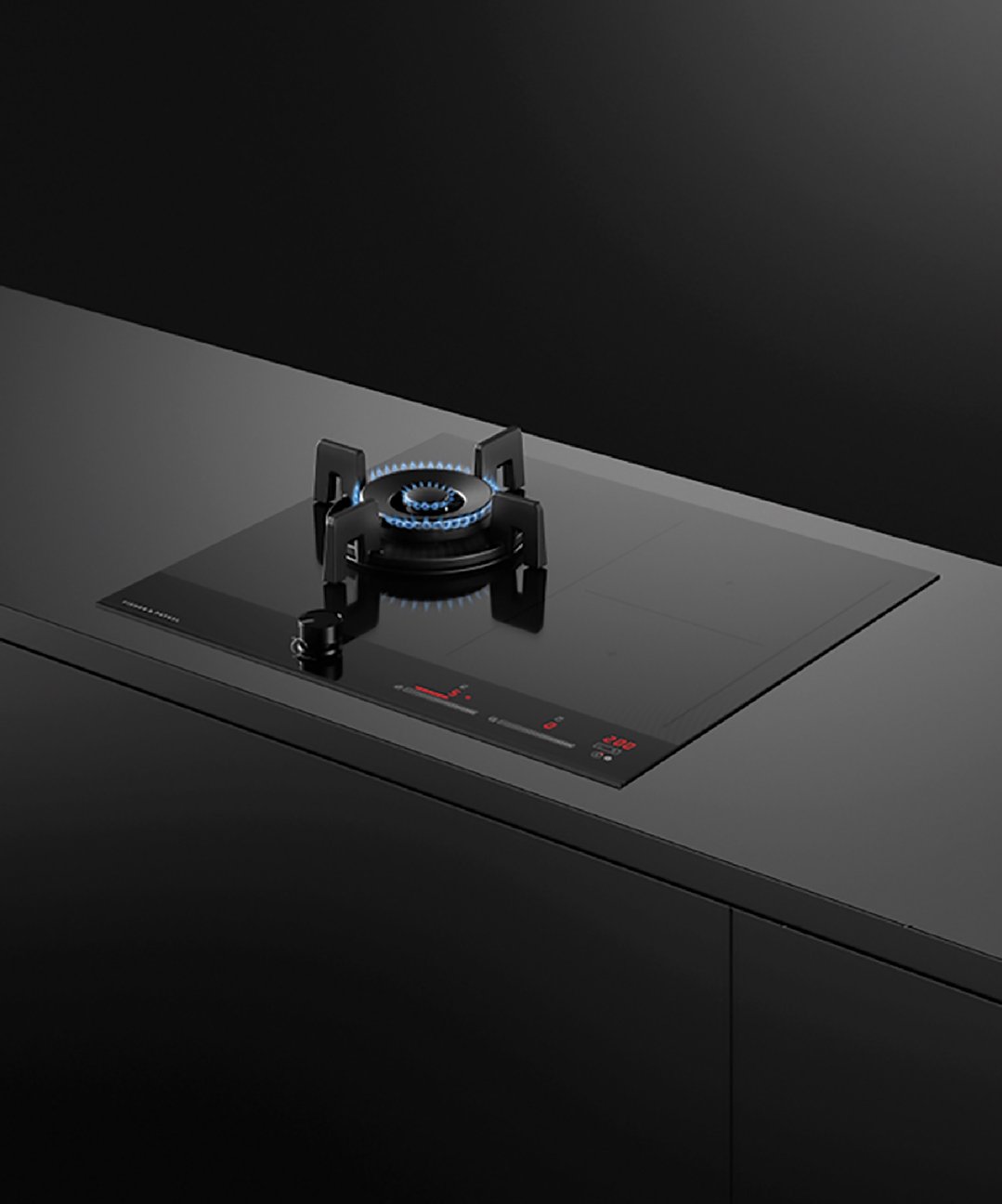 Hybrid cooktop with gas burner and electric zones in a dark kitchen setting