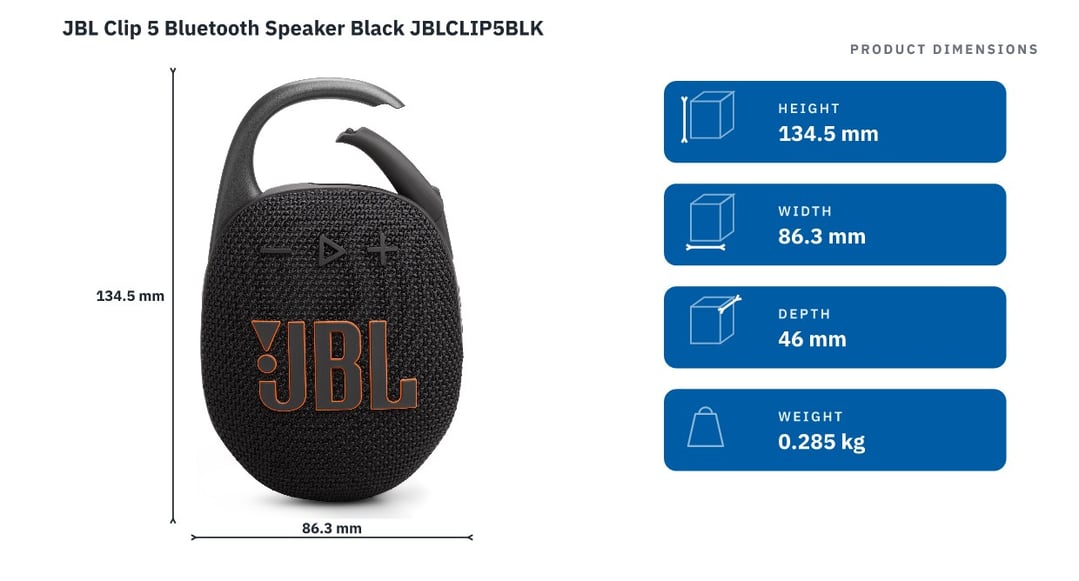 JBL Clip 5 Bluetooth Speaker Black JBLCLIP5BLK — product dimensions