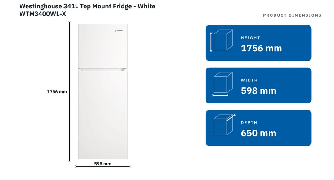 Westinghouse 341L Top Mount Fridge - White WTM3400WL-X — product dimensions