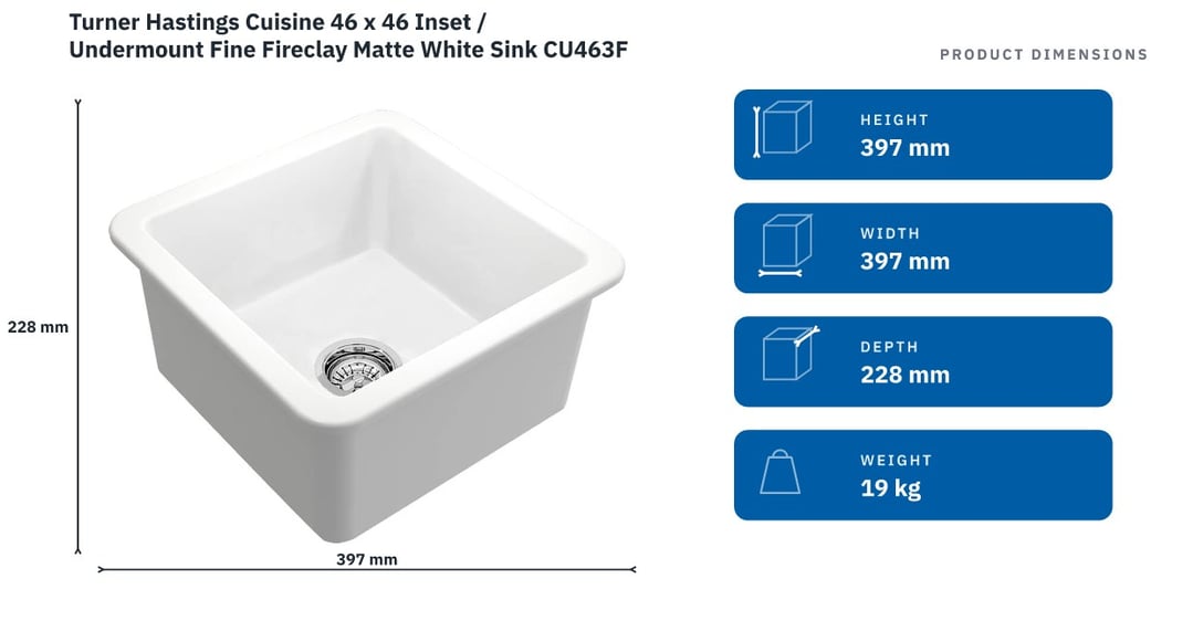 Turner Hastings Cuisine 46 x 46 Inset / Undermount Fine Fireclay Matte White Sink CU463FS-MW — product dimensions