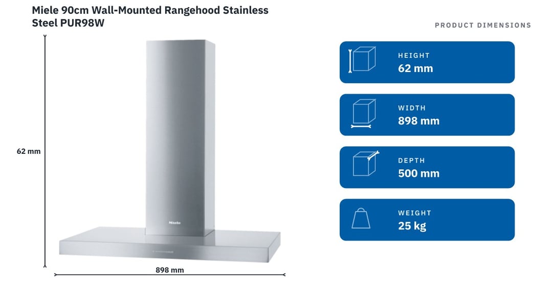 Miele 90cm Wall-Mounted Rangehood Stainless Steel PUR98W — product dimensions